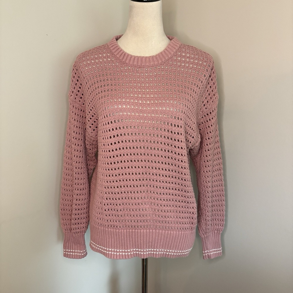 Varley Fox Knit Crew Sweater Small Woodrose Pink Crochet Open Stitch Cotton EUC